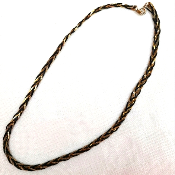 Vintage Goldtone and Black Metal Braided Herringbone Chain Necklace Korea - Picture 2 of 10
